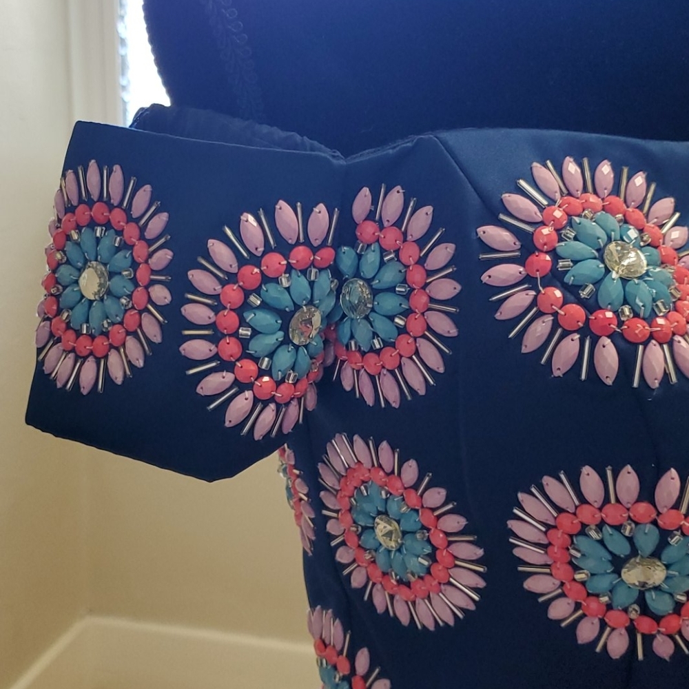 Size 8 TOP ONLY beaded navy satin Off Shoulder Crop Corset by Rachel Allan - Picture 3 of 9